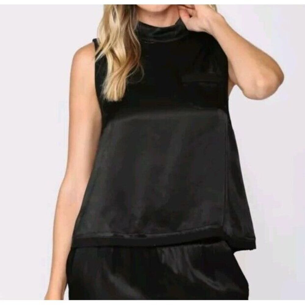 Fate Blouse Sz S Ribbon Trim Satin Top Sleeveless Chest Pocket Black